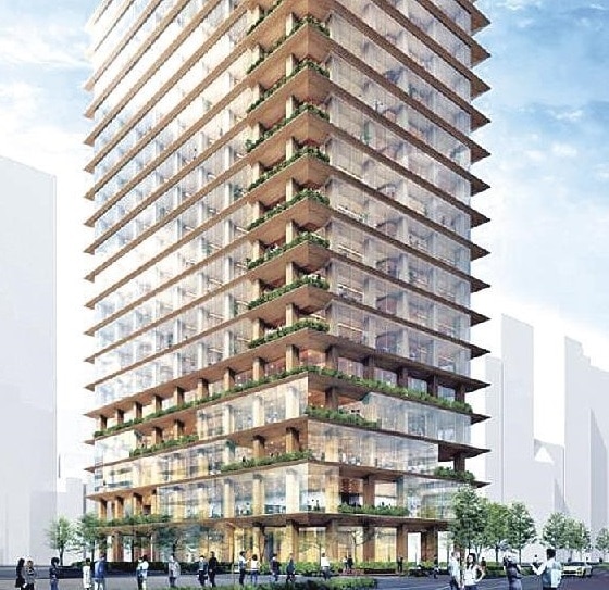 Mitsui Fudosan Co. and Takenaka Corp. proposed 17 storey wooden skyscrapper will be Tokyo's highest timber building. It's expected that the use of mass timber will reduce C02 by as much as 20% compared to steel and concrete.