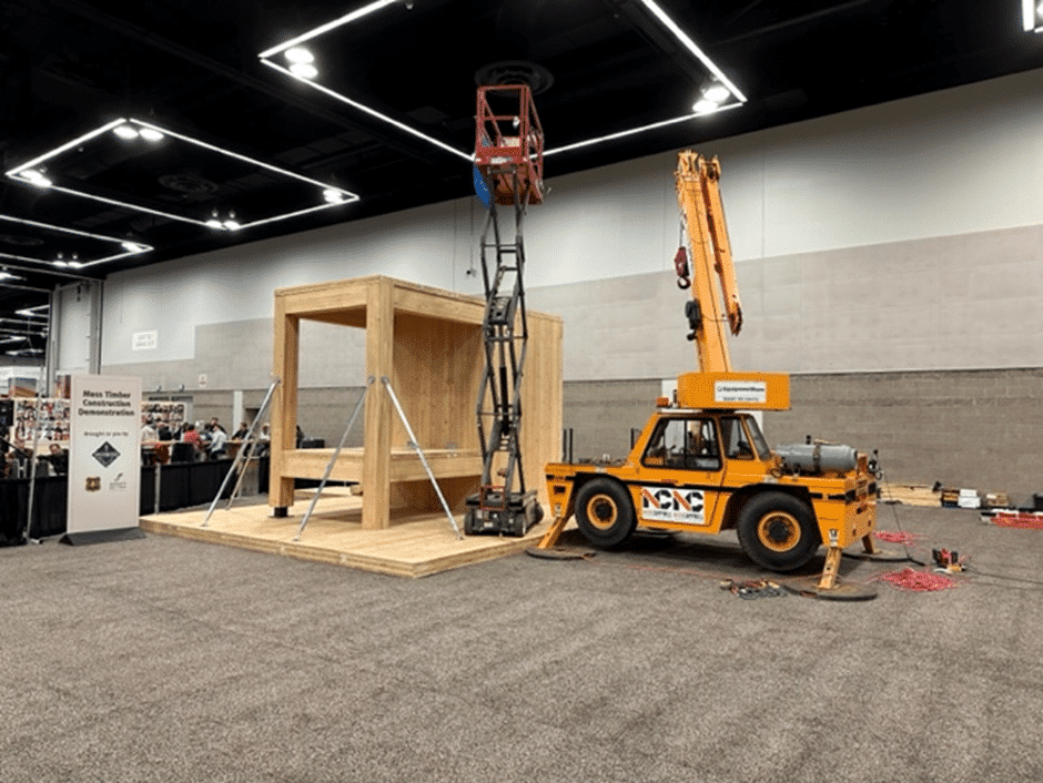 With mass timber displays, axe throwing, interactive research stations – showcasing the latest in research– and a multi-storied mass plywood lounge the main floor was a hive of activity.