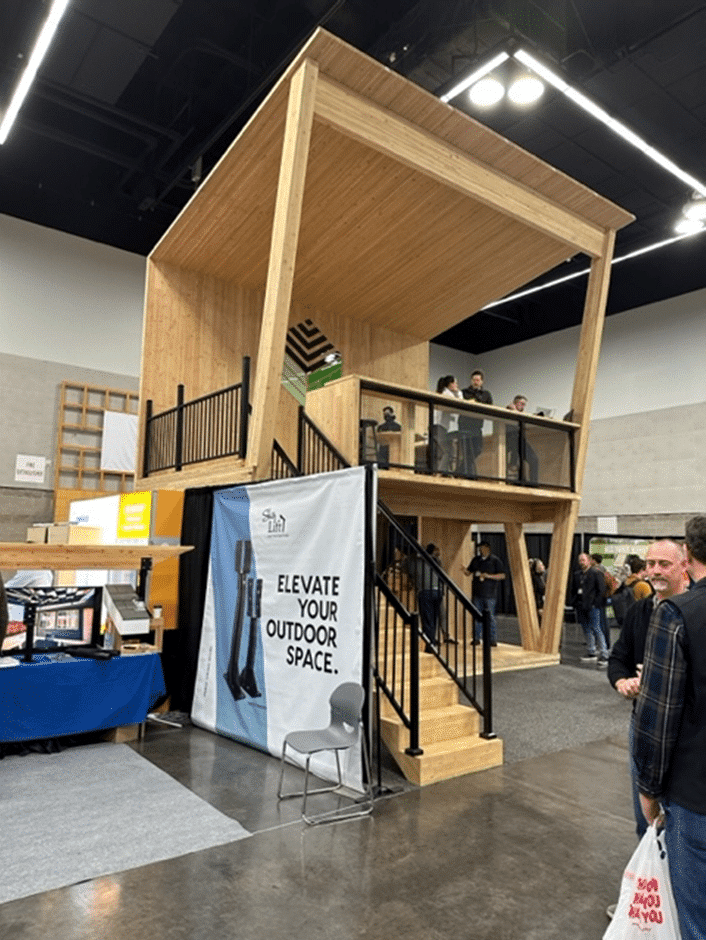 The two-storey mass plywood lounge was popular with delegates.
