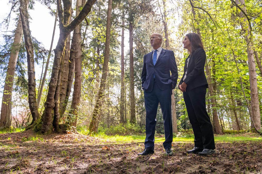 President Joe Biden records a video with University of Washington Forest Ecologist Susan Prichard Friday April 22 2022 at Seward Park in Seattle Photo credit White House Photo by Adam Schultz 1