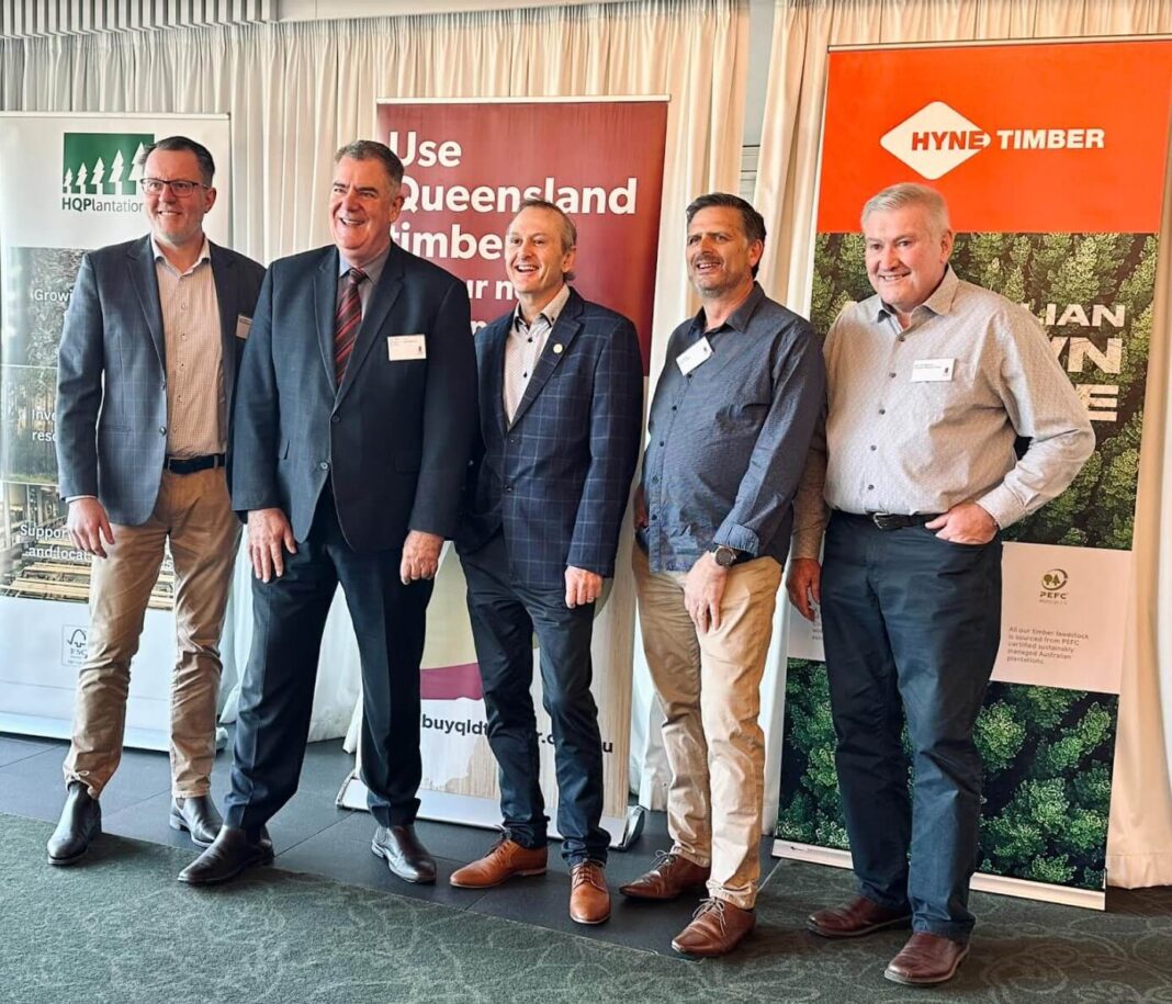 The Hon. Bart Mellish and the Hon. Mark Furner with Mick Stephens CEO of Timber Queensland Ian Haines Chair of Timber Queensland and John McNamara Director of Timber Queensland Wood Central 1 e1685664877789