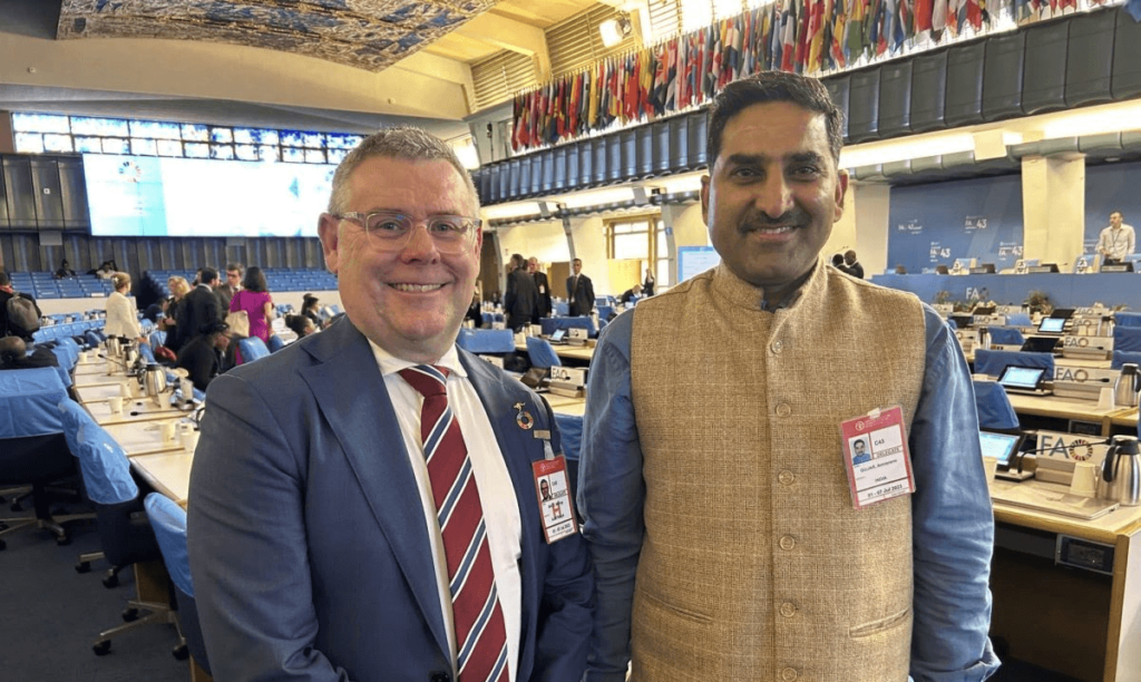 Australian Agriculture Minister Murray Watt and India’s Deputy Chief of Mission in Rome, Amararam Gujar, at the UN Food and Agriculture Organization conference in Rome. (Photo Credit: Office of Murray Watt)