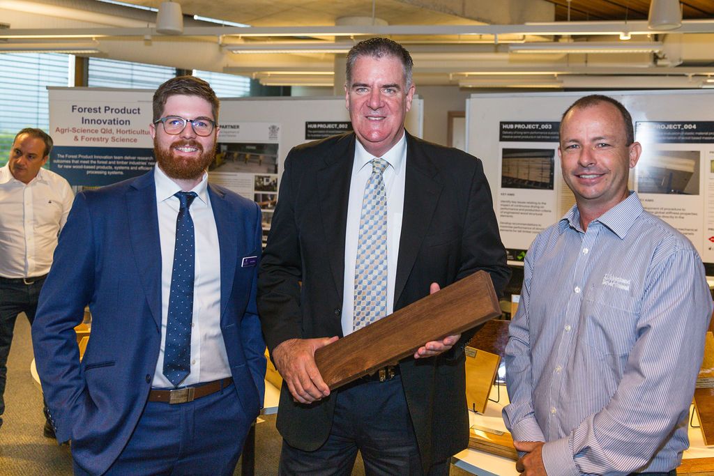The Hon. Mark Furner, Queensland Agricultural and Industry Development Minister (centre), with Dr Joe Gattas, Associate Professor at the University of Queensland’s School of Civil Engineering and Dr Rob McGavin, Research Facility and Project Manager at the Queensland Department of Agriculture and Fisheries during a tour of the then ARC Future Timber Hub in 2020.