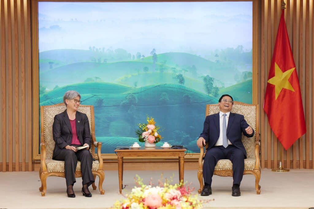 Australian Foreign Affairs Minister Penny Wong with Vietnam PM Pham Minh Chinh in Hanoi, on Thursday. Sustainably managed forest management and forest products has been identified as critical to drive economic activity as well as regional climate resilience and clean energy. (Photo Credit: Penny Wong Twitter)