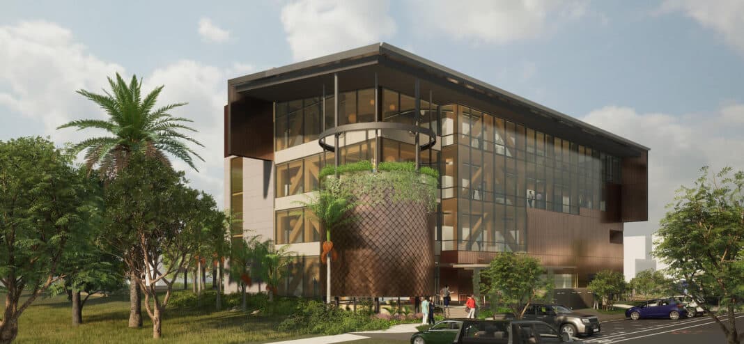 An artistss impression of the CTEC building as it will be seen from Charles Street North Cairns. Image Credit Wilson Architects Clarke and Prince Architects Wood Central 1