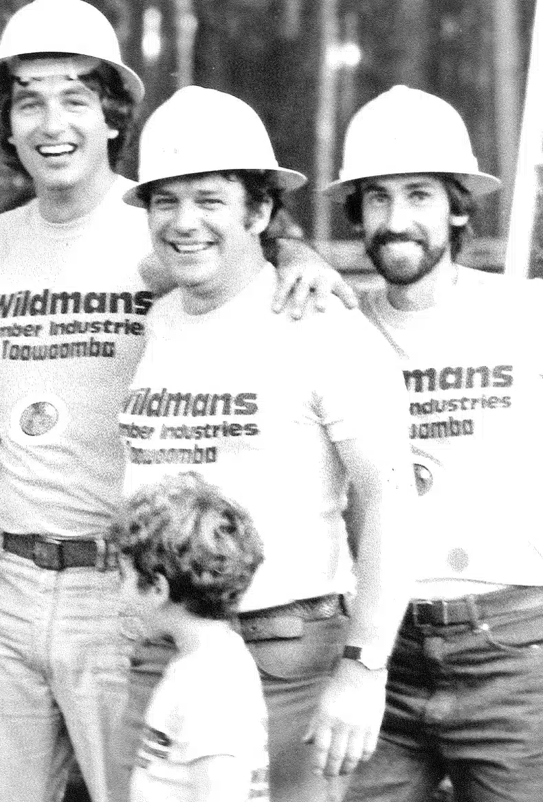 Charlie Henry centre enjoys a Timber Week 1982 promotion in the Beerwah state forest with friends Errol Wildman Wildman Timber Industries and David McIntyre Bretts Timber. Photo Credit Jim Bowd