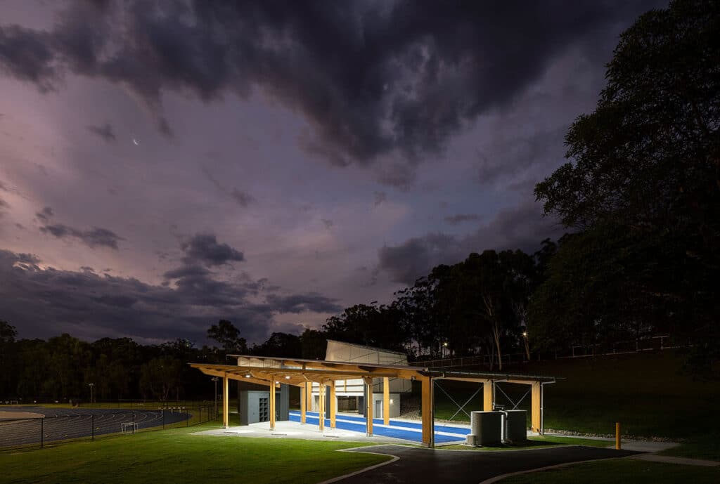 The new $2.7m Queensland Academy of Sports Indoor National Throws Centre of Excellence used glulam supplied from Queensland pine plantations, processed, manufactured and delivered by Hyne Timber. (Photo Credit: Angus Martin)