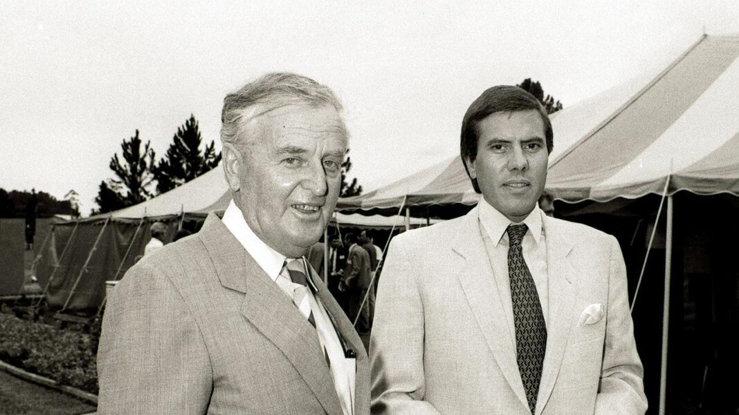 The Premier Sir Joh Bjelke Petersen and Christopher Skase announce development plans for the Wilco sawmill at Caboolture in March 1985. Photo Credit The Courier Mail Wood Central