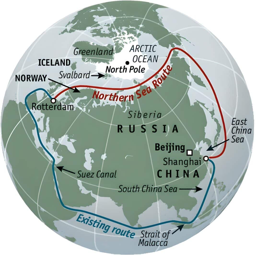 The Economist has mapped a potential Arctic Transhipment Route, with its potential impact on global supply chains for products. (Image Credit: The Economist)