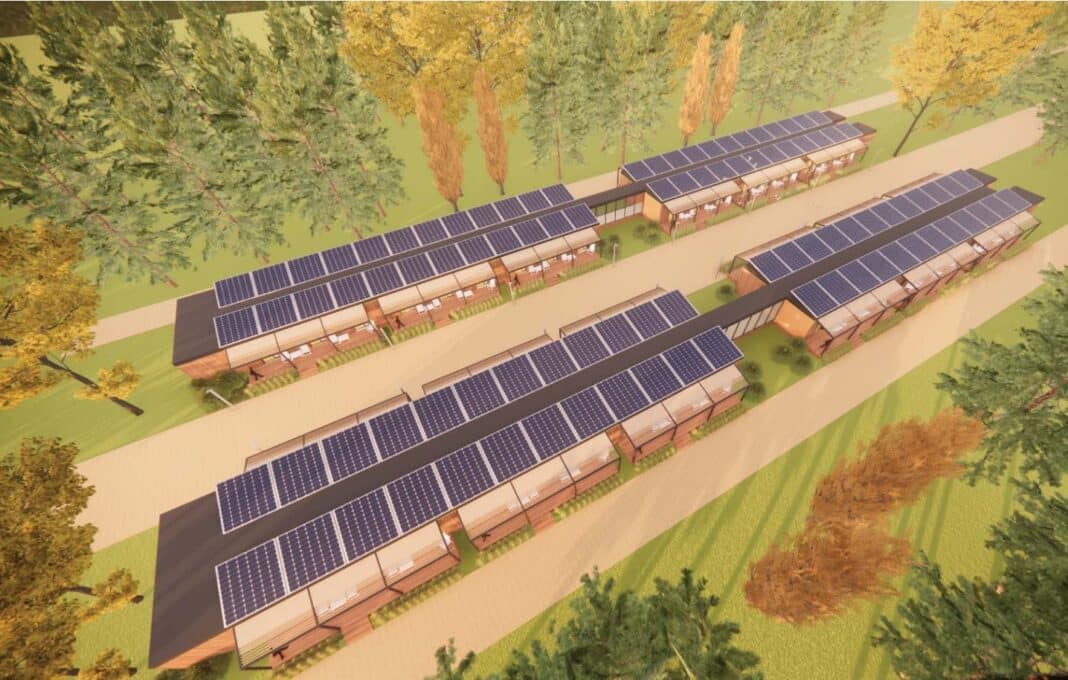 A Birds eye view of the proposed mass timber Living Quarters with optional porch and solar panels. (Photo Credit: Supplied)