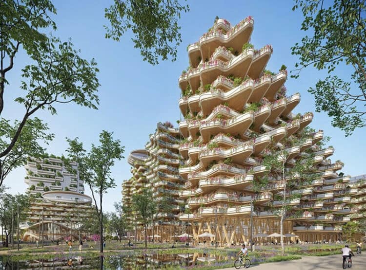 The 117 metre 'Cedar Tower' will be constructed from FSC or PEFC certified cross-laminated timber local to Switzerland using modular and prefabrication construction techniques. (Image credit: Vincent Callebaut Architects)