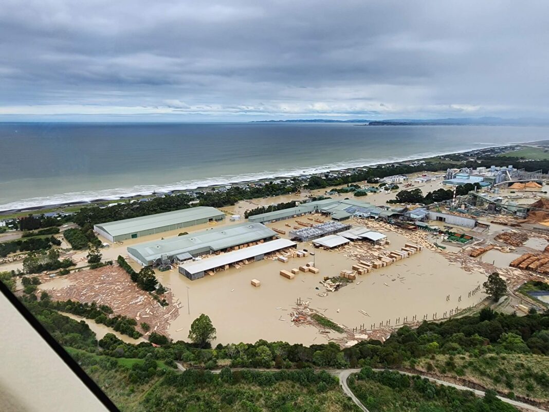 An aerial image of the damage to the Pan Pac site caused by Cyclone Gabrielle in February 2023. (Photo Credit: Pan Pac Forest Products)