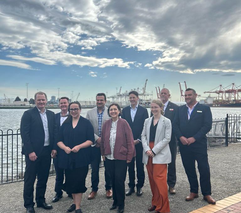 Victorian Minister for Energy and Resources Lily DAmbrosio with Victorian Minister for Regional Development Harrit Sing outside the Port of Portland yesterday