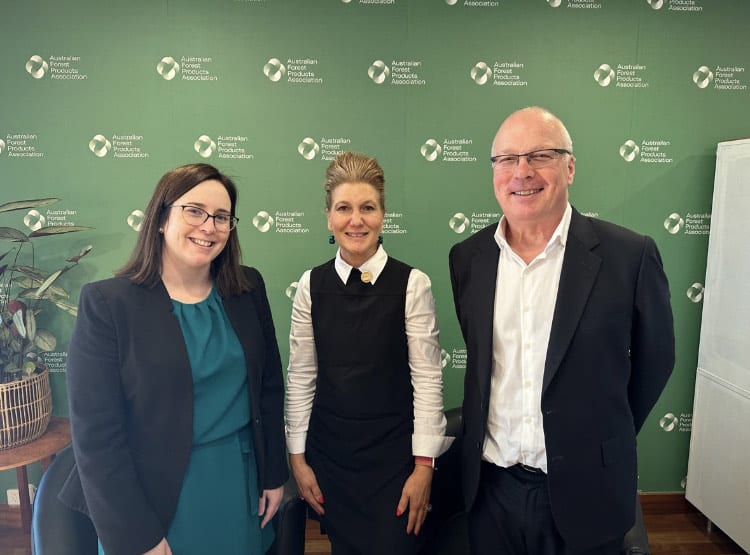 Sarah Bray, Senior Policy Manager and Natasa Sikman, acting CEO of Australian Forest Products Association with Micheal Borowick, CEO of ForestWorks. (Photo Credit: Supplied from Michael Borowick LinkedIn)