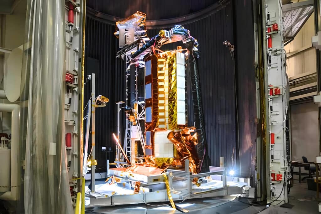 Part of the NISAR satellite rests in a thermal vacuum chamber at NASA's Jet Propulsion Laboratory in August 2020. The Earth satellite will track subtle changes in the planet's surface as small as 0.4 inches. (Photo Credit: NASA/JPL-Caltech)