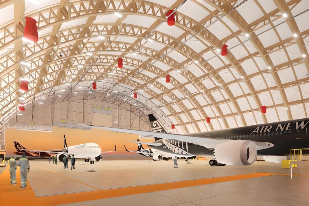 Designed by NZ-based Studio Pacific, the hangar will be the largest single-span timber arch hangar in the southern hemisphere and is the first aircraft hanger to achieve Green Star 6-Star in the Asia-Pacific region. (Image Credit: Renders supplied by Global Pacific Architecture and Air New Zealand)