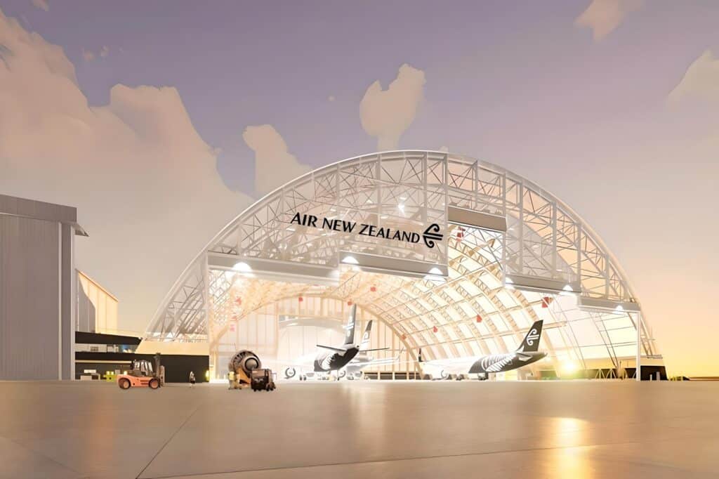 The laminated veneer lumber (LVL) and cross-laminated timber (CLT) hybrid timber arch spans 98 metres. (Image Credit: Renders supplied by Global Pacific Architecture and Air New Zealand)