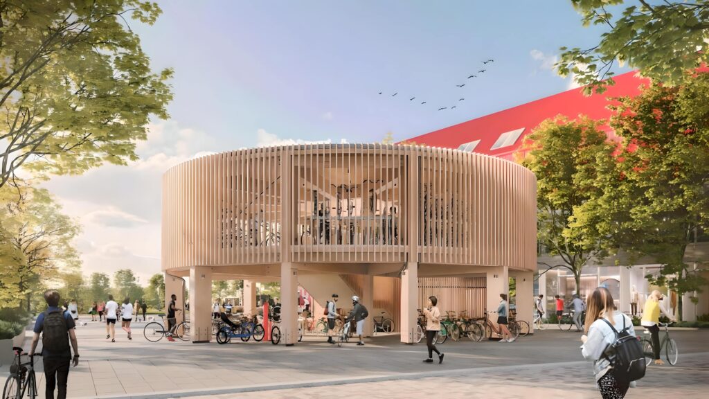 Oxford Norths new landmark timber cycle pavilion in the market square CGI exterior credit Fletcher Priest Architects 1600x900 fotor 20231123164421 scaled