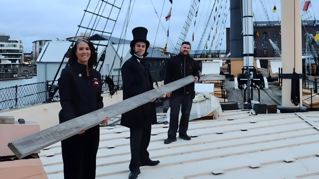 The first accoya wood plank was lifted during a special ceremony earlier this month. The full restoration of the 98-metre deck will take up to 32 weeks. (Photo Credit: SS Great Britan)