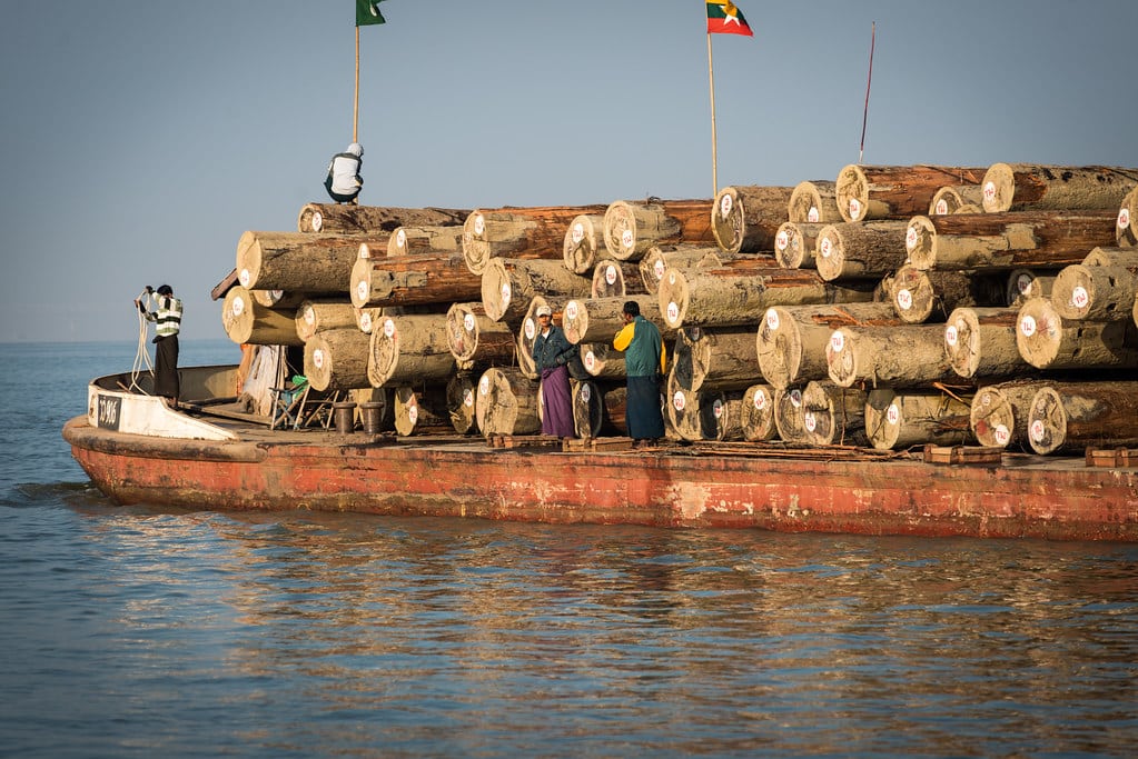 Large barges laden with timber regularly float down the Irrawaddy River.