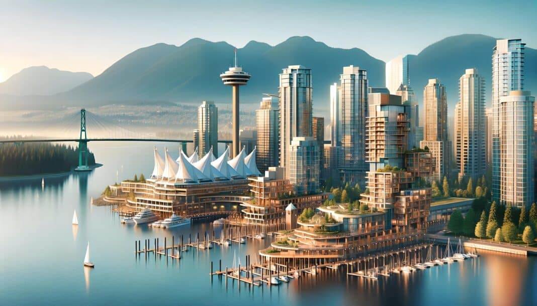 Is timber in the future mix for Vancouver, Toronto, Montreal and cities across Canada? Wood Central has used AI technology to look at a future Vancouver skyline with mass timber buildings. (Photo Credit: Wood Central)