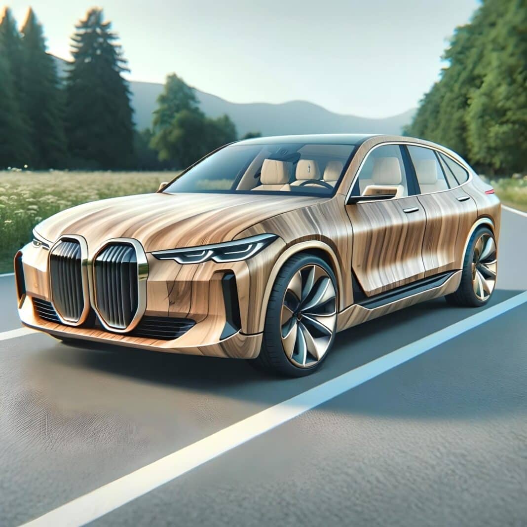 Could timber replace steel and carbon fibre in the vehicles of the future? BMW is one of a number of auto giants working with start-ups like Strong by Form to better utilise lightweight materials like mass timber in future car designs. (Image created by Wood Central with the help of Open AI)