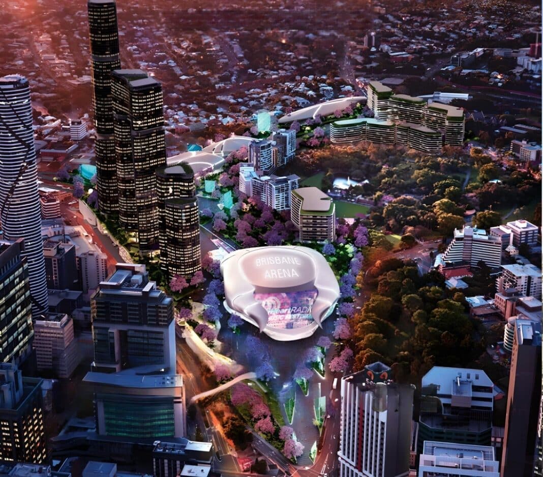 Brisbane Live is set to host the Aquatics at the Brisbane 2032 Olympic Games. It is part of a $1.7 Billion redevelopment of the Roma Street Parklands and Brisbane Transit Centre. (Photo Credit: Brisbane Development)