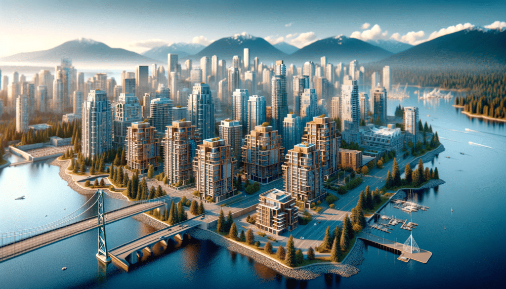 DALL·E 2024 01 09 13.24.39 A cityscape closely resembling Vancouver with an emphasis on accuracy and recognizable landmarks. Include several prominent mass timber apartment blo