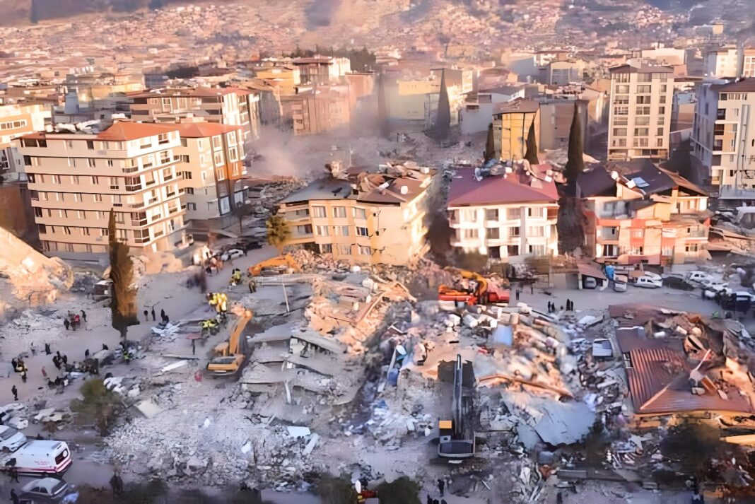 An aerial photo shows collapsed buildings in Antakya, Southern Turkey. The 7.8-magnitude earthquake last February caused up to $500 Billion in damage. Japan, has been able to avoid mass destruction thanks to its Building Codes. (Photo Credit: Hassan Ayadi/AFP via Getty Images)