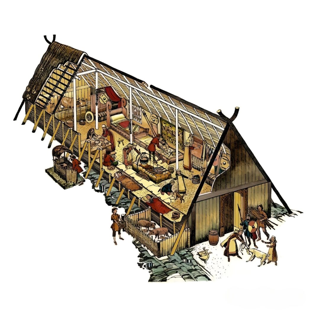 Vikings lived in a long, narrow building called a longhouse. Most had timber frames, with walls of wattle and daub and thatched roofs.