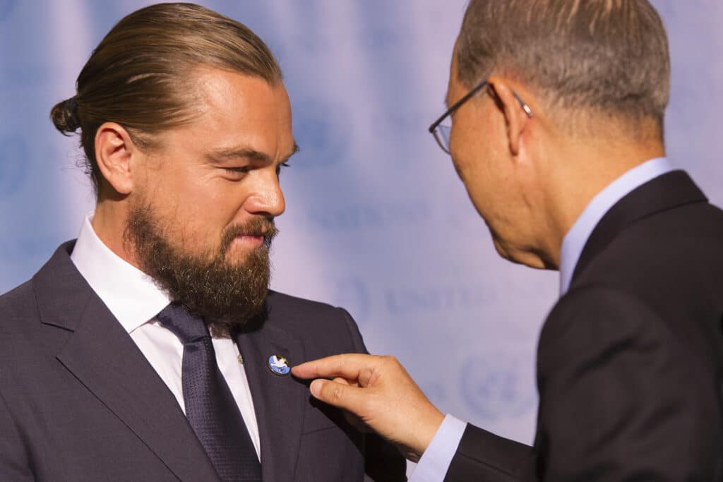 Secretary-General Ban Ki-moon (right) designates Academy Award-nominated actor and committed environmental activist, Leonardo DiCaprio, as a UN Messenger of Peace with a special focus on climate change. (Photo Credit: United Nations via Creative Commons)