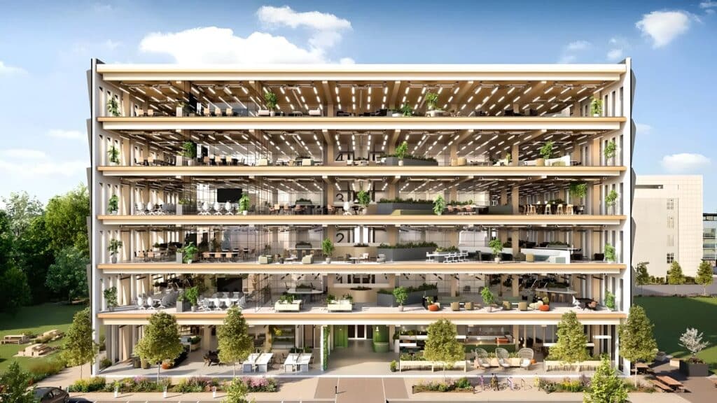 Renders from the Ev0 Building in Manchester is set to become the UK’s lowest carbon new build office development. Explore the pioneering design pushing the boundaries of modern architecture and sustainability. (Photo Credit: Ramboll)