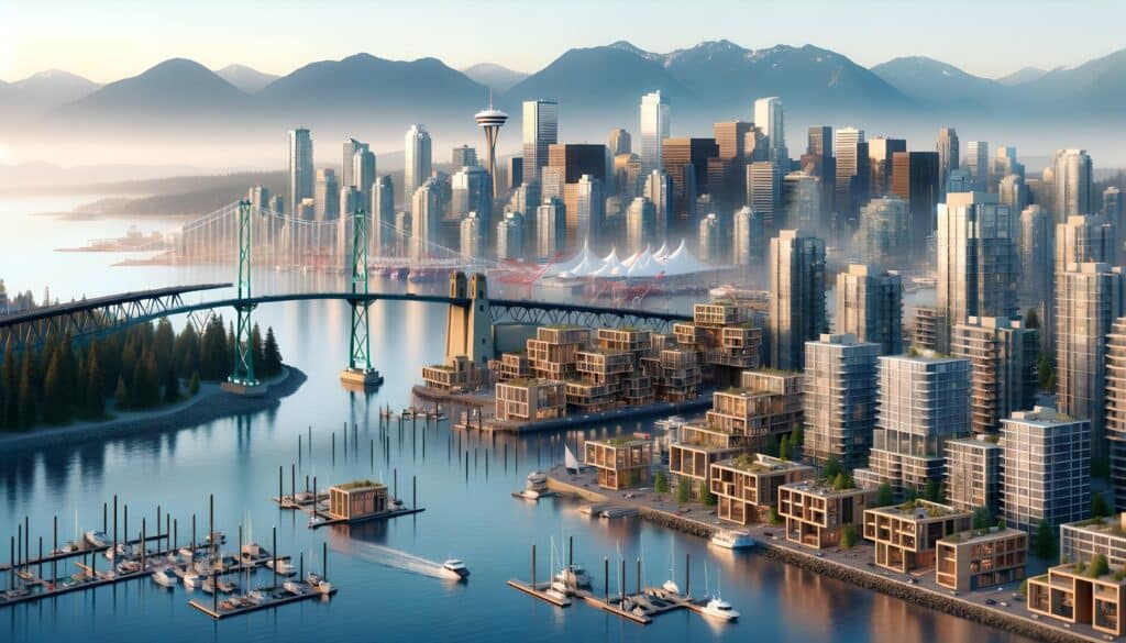 Is timber in the future mix for Vancouver, Toronto, Montreal and cities across Canada? Wood Central has used AI technology to look at a future Vancouver skyline with mass timber buildings. (Photo Credit: Wood Central)