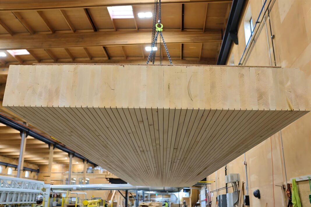 DLT panels have been embraced as a mass timber product of the future in Canada - where Structure Craft has developed the world's largest DLT panel in British Columbia. Here, robots automate the drilling of dowels into the timber. (Photo Credit: Structure Craft)