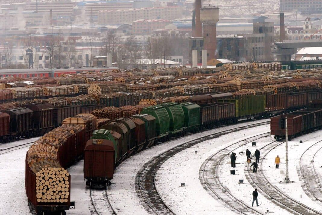 China is looking to establish its Middle Corridor with Azerbaijan key to its booming timber trade via Russia and Belarus (Photo Credit: Imaho / Xinhua Eisenbahnwaggons via Alamy)