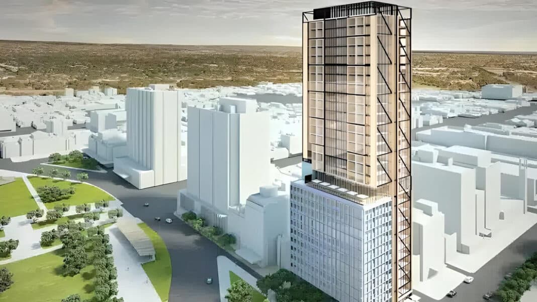 In July 2022, Cox Architecture realised designs for the world’s tallest timber hotel at 187 Victoria Square in Adelaide.. (Image credit: Cox Architecture)