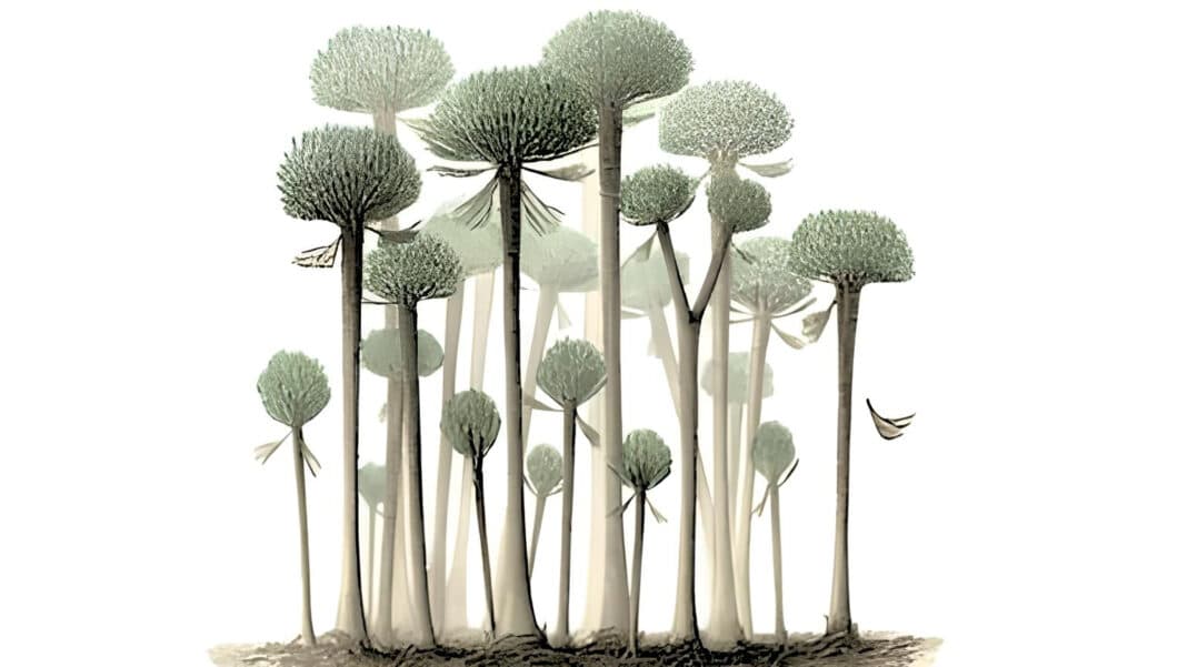 A 3D reconstruction of a Calamophyton forest, where trees drawn measure 2–3 meters high. (Photo Credit: Peter Giesen and Chris Berry provided by the University of Cardiff under Creative Commons)