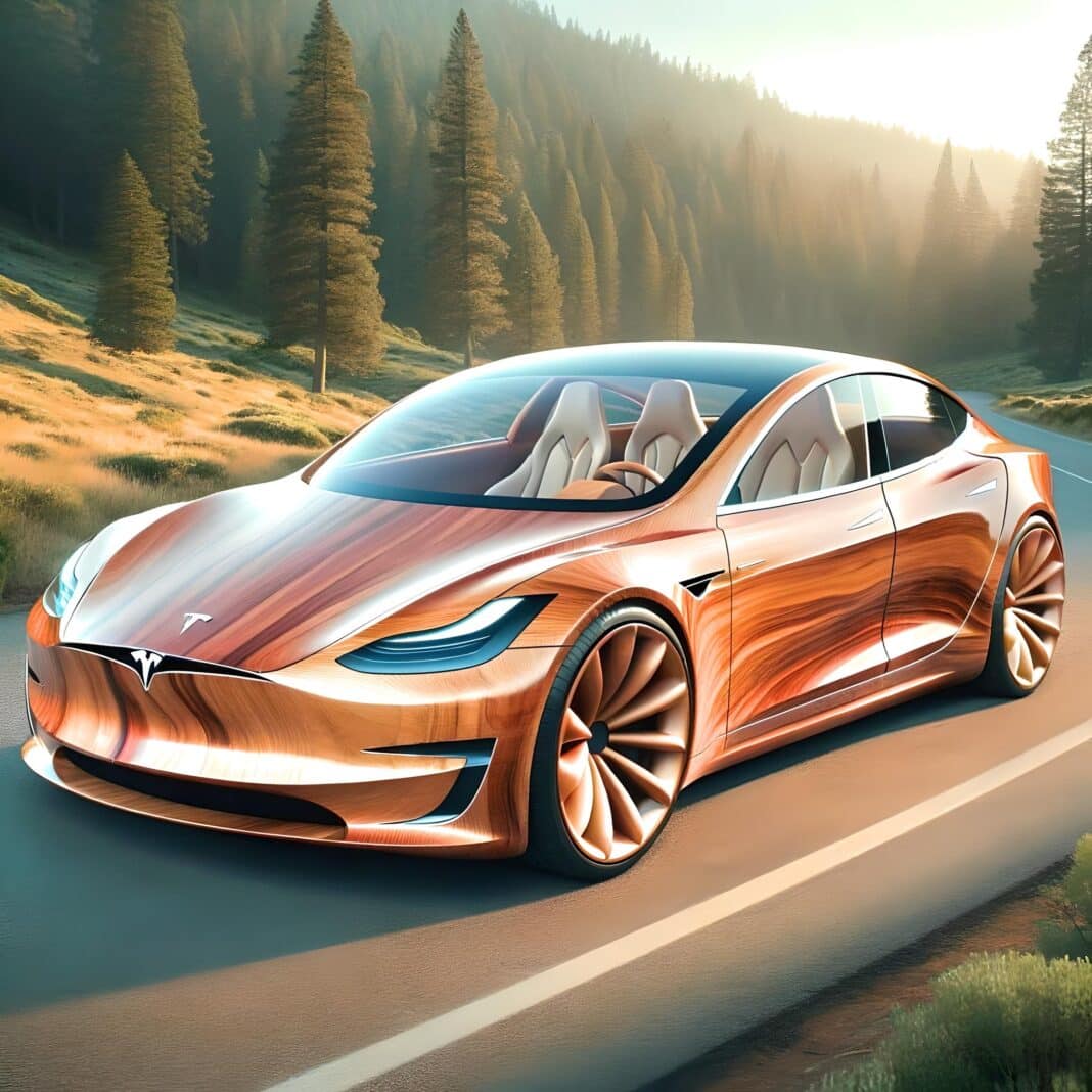 Could timber replace steel and carbon fibre in the vehicles of the future? Tesla is one of a number of auto giants working with start-ups to better utilise lightweight materials like mass timber in future car designs. (Image created by Wood Central with the help of Open AI)