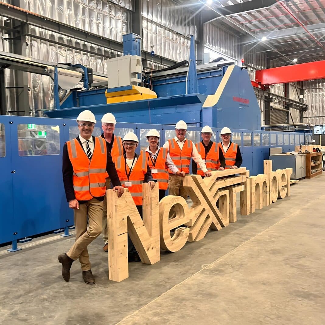 (Left to right): South Australian Premier Peter Malinauskas, Minister for Primary Industries, Regional Development and Forest Industries Clare Scriven, Timberlink CEO Paul O’Keefe, SAFPA Chair Tammy Auld, Member for Mount Gambier Troy Bell, Timberlink Chief Sales, Marketing & Corporate Affairs Officer David Oliver, and SAFPA CEO Nathan Paine inside the NeXTimber facility. (Photo Credit: Office of South Australian Premier Peter Malinauskas)