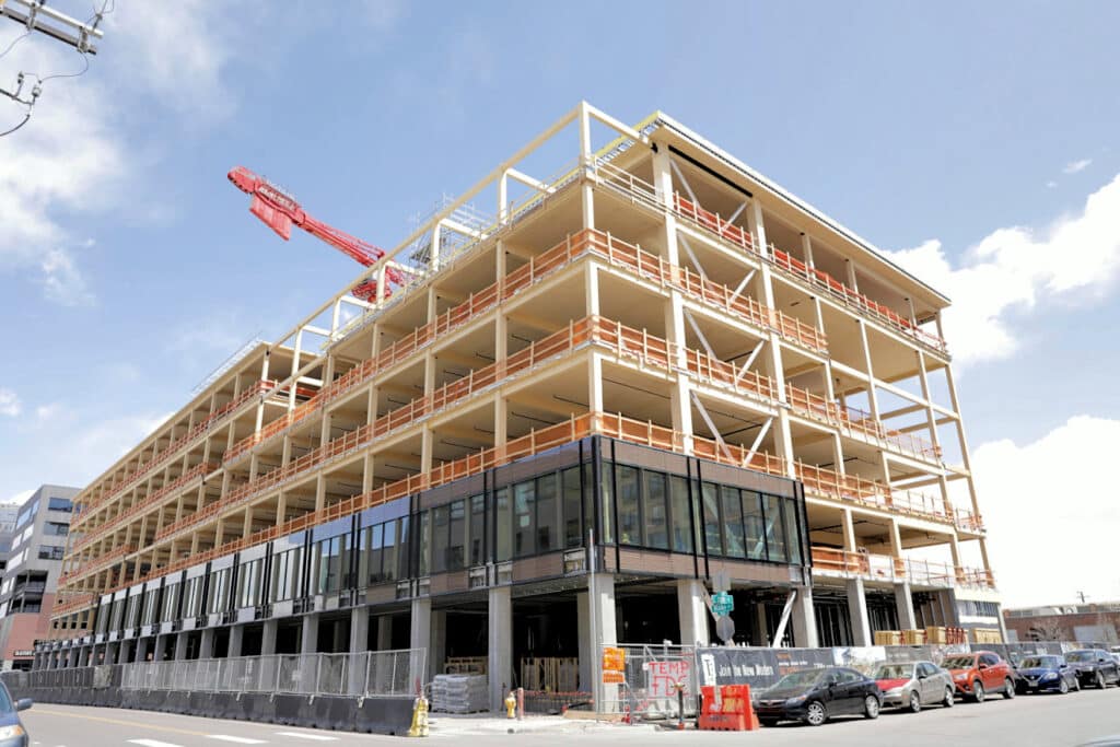 Co-developers, Hines, Ivanhoé Cambridge and McCaffery, global real estate firms, last year announced the topping out of T3 RiNo, a six-story, 235,000-square-foot timber office building in Denver’s River North Art District (RiNo). The project was showcased yesterday during the International Mass Timber Conference in Portland. (Photo Credit: Supplied by Hines)