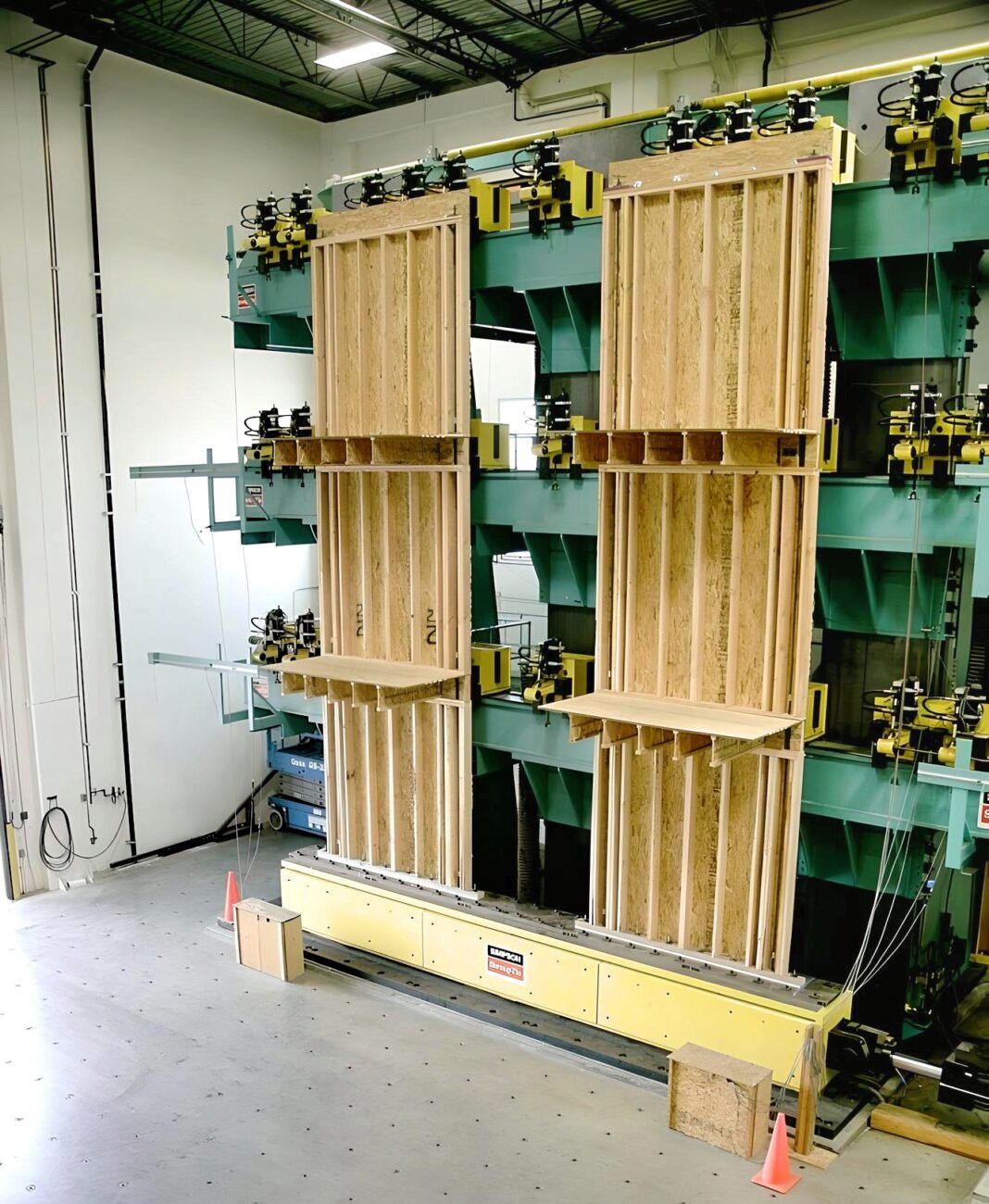 Inside the Tye Gilb Lab in Stockton, California, where the world's largest supplier of connectors are testing mass timber walls and panels under earthquake conditions. (Photo Credit: Supplied by Strong-Tie)