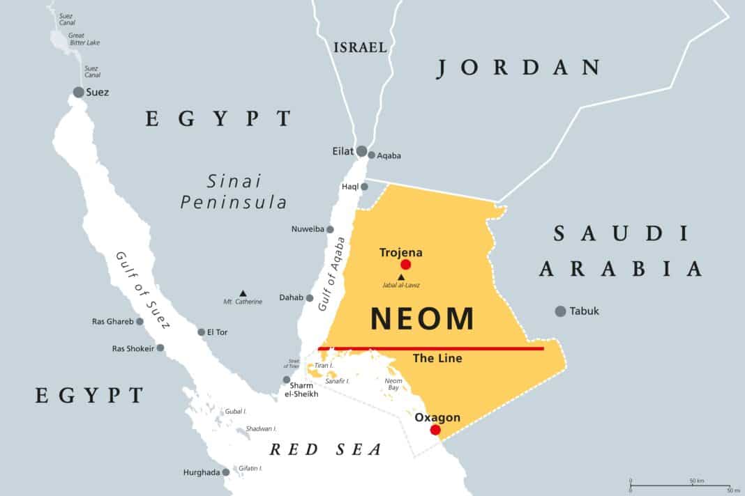 The scale of Saudi Arabia’s new NEOM gigacity is enormous in scale. Once constructed, NEOM will connect more than 26,000 km² of land mass to the Red Sea, an area larger than Israel and Kuwait, eventually accommodating 25% of Saudi Arabia’s total population. The project is driving a massive uptake in timber used in the Kingdom. (Photo Credit: Peter Hermes Furian / Alamy Stock Photo)