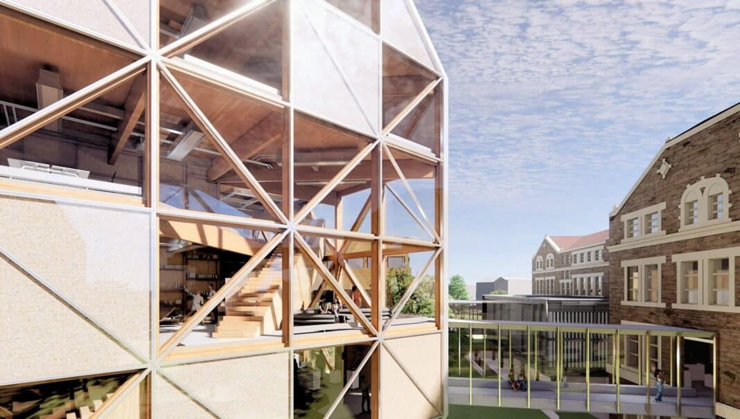 Inspired by traditional Japanese joinery techniques, the building uses tight-fit dowels and notched glulam (glue laminated timber) to create an all-wood structure with columns and beams that run diagonally, without steel plates or fasteners. (Photo Credit: Renders from BIG)