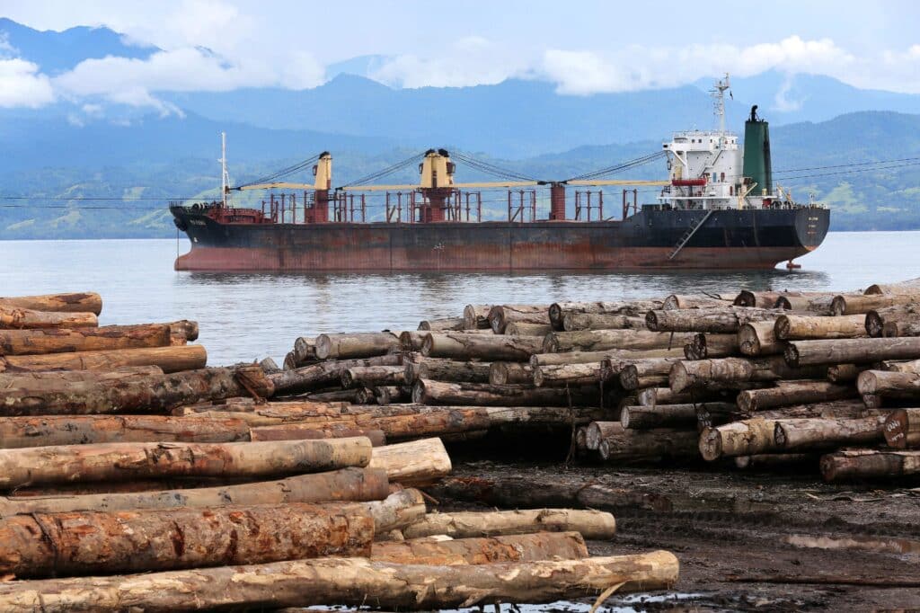 The Australian Government is improving timber traceability, enforcement and streamlining processes as it doubles down on sustainable, legal and certified supply chains of timber products. Here, tree trunks wait for loading on to the vessel WU FENG (Panama) in the logport of Logpont Timbers Rimbunan Hijau (PNG) Limitid in Garim, Madang, Papua Neuguinea. (Photo Credit: Friedrich Stark / Alamy Stock Photo)