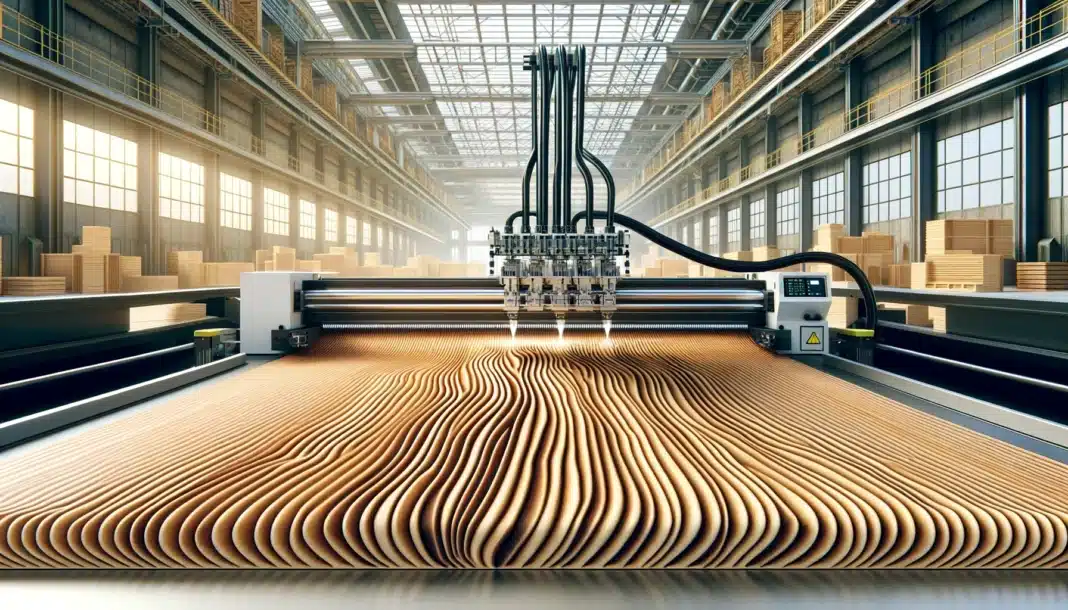 Wood Central has used AI to create a futuristic image depicting a Direct Ink Writing machine producing panels of timber using plywood and lumber waste. (Photo Credit: Wood Central)