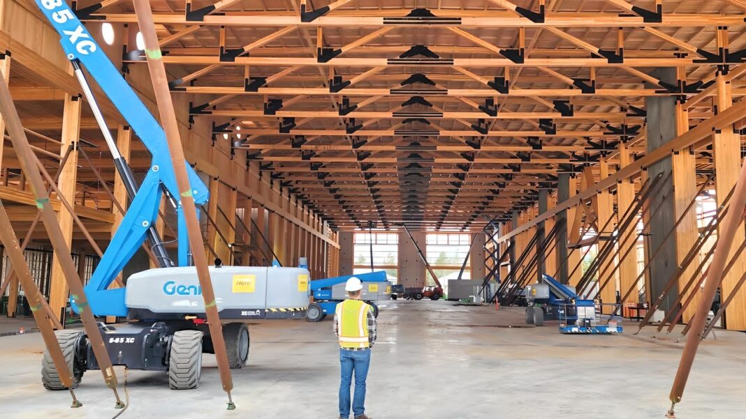 Building 10 under construction - thanks to the rapid speed of the mass timber construction system, Janicki was able to move into the new building in less than 5 months. (Photo Credit: WoodWorks)
