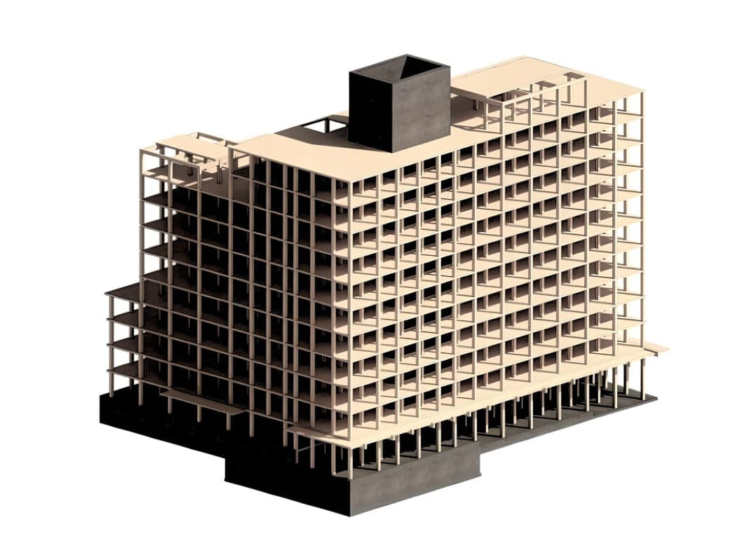 Mass Timber shell on 12 story LIHI The 12-storey timber frame - which combines glulam and cross-laminated timber - will become Seattle's largest mass timber building (Photo Credit: Hewitt / Pyatok Architecture)