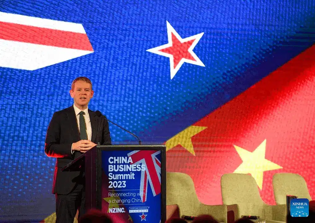 NZ PM Chris Hipkins delivers the keynote address at the 9th Annual China Business Network in Auckland yesterday Wood Central.png