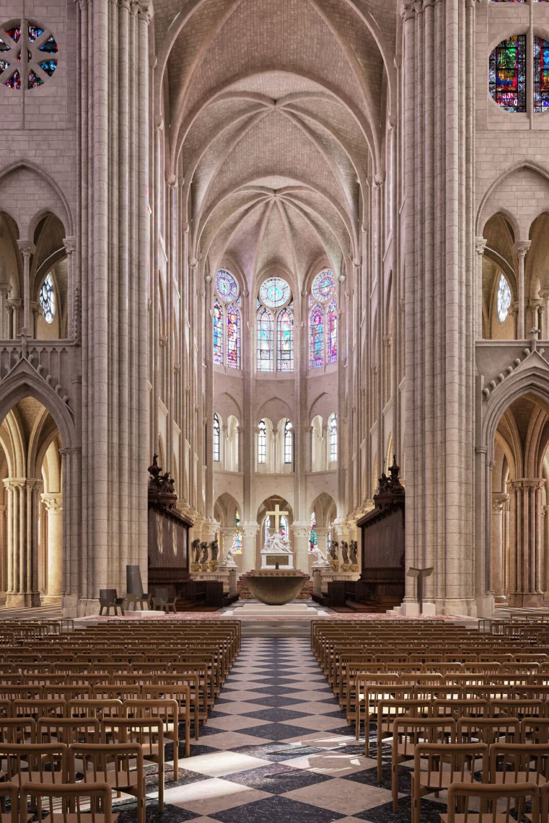 1,500 wooden chairs, certified under the PEFC certification scheme, will eventually make up the Notre-Dame de Paris Choir. (Photo Credit: Arnaud Sabatier)