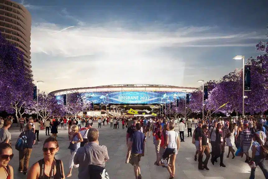 An artists impression of the new Gabba from the outside for the 2032 Olympic Games. Image Credit Supplied by Queensland Government Wood Central 2